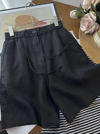 Japanese Simple Solid Color Pure Cotton Linen Casual Versatile Straight Elastic Waist Shorts Women's Middle Pants
