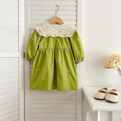 Outono 0-6 anos Vestido de Princesa para Meninas Roupas de Bebê Menina Gola Borboleta Roupas de Bebê Menina Peça Única Vestido Infantil Bordado