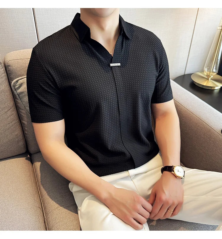 High-Grade Ice Silk Seamless Adhesive Polo Shirt, High-Elastic V-neck Thin Waffle Short-Sleeved Golf Shirt, T-shirt