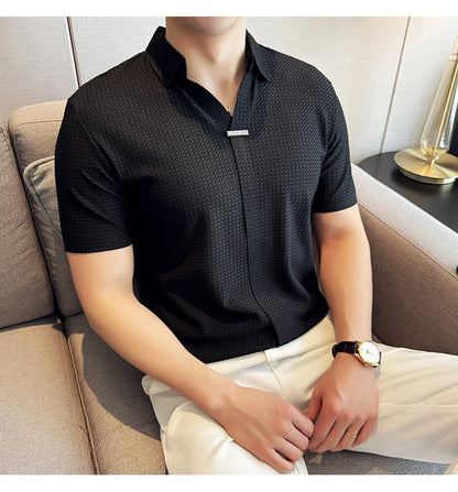 High-Grade Ice Silk Seamless Adhesive Polo Shirt, High-Elastic V-neck Thin Waffle Short-Sleeved Golf Shirt, T-shirt