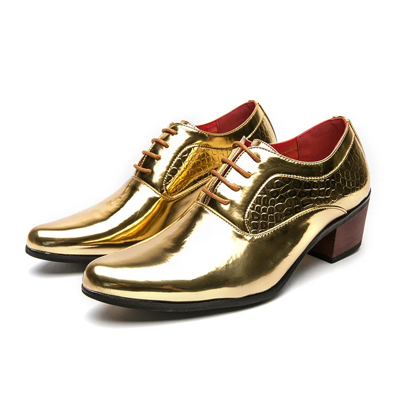 New 2025 Luxury Gold Men High Heel Leather Shoes Moccasins Designer Pointed Dress Shoes Men Wedding Formal Shoes Big Size 46