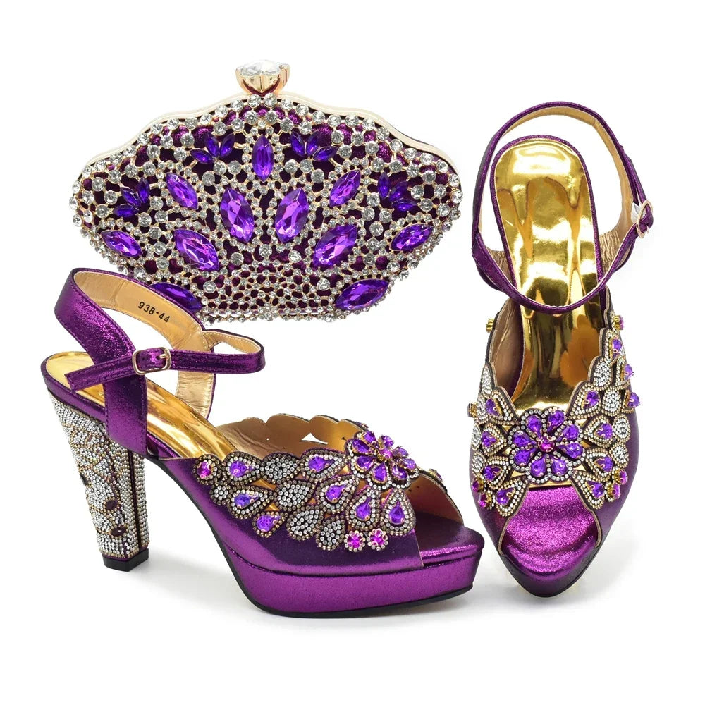 New Arrival Italian Party Shoes and Bag Set Decorated with Rhinestone African Women Wedding Shoes Bride Plus Size Women Shoes 43