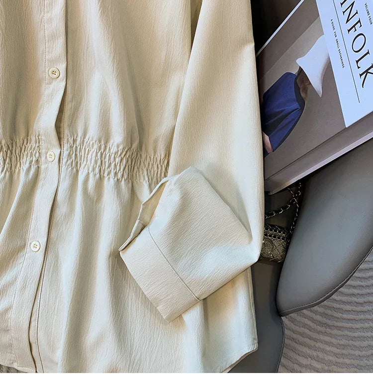 2026 Women's Plus Size Blouse Korean Style Spring Autumn Loose Elegant Casual Mid-length Tops Long Sleeved Waist Cinching Shirts