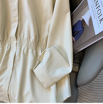 2026 Women's Plus Size Blouse Korean Style Spring Autumn Loose Elegant Casual Mid-length Tops Long Sleeved Waist Cinching Shirts