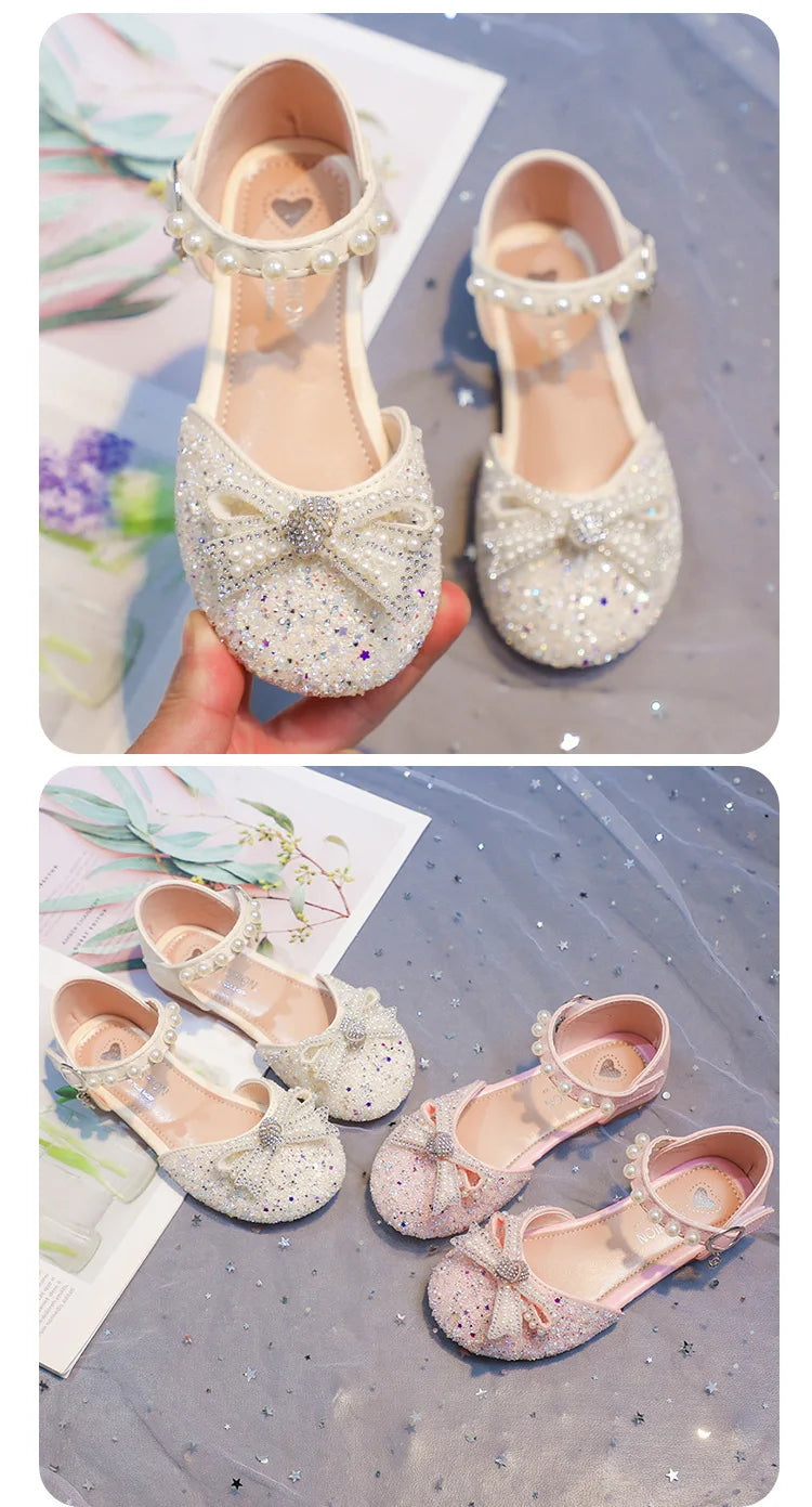 2026 Girls' Princess Shoes Spring And Summer Sandals White Flat Dress Shoes Pearl Decoration For Kids And Teens
