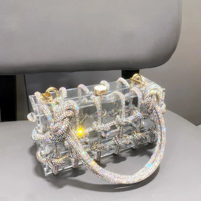 Bolsa de Noite com Alça e Strass Prateada de Cristal Feita à Mão para Mulheres, Bolsas e Bolsas de Mão de Designer de Luxo para Banquete