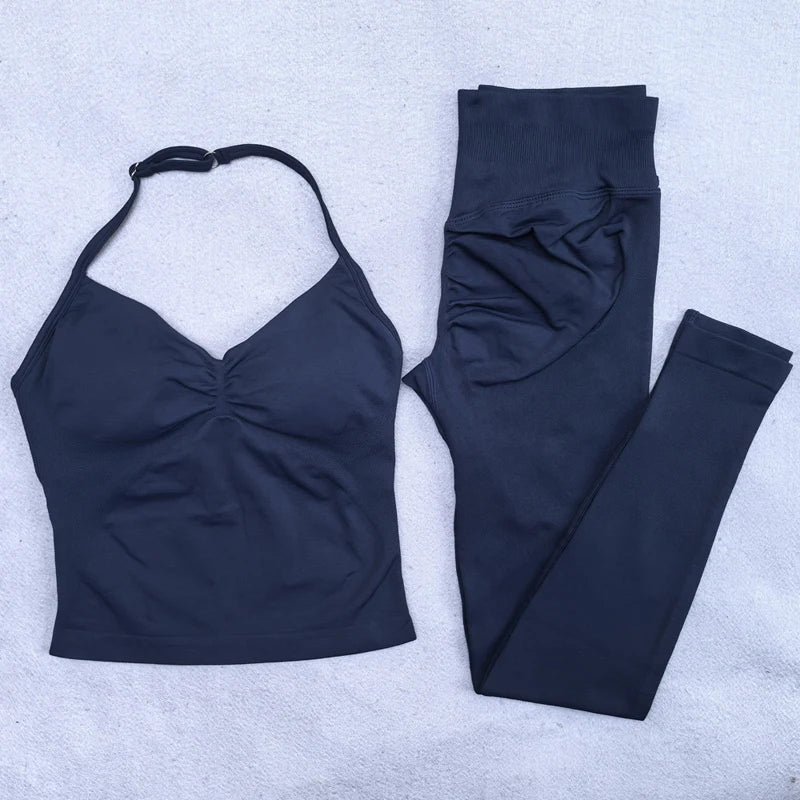 New Seamless Yoga Set Women Gym Clothing Scrunch Bum Legging Padded Tank Top Workout Outfits Fitness Sportswear Suits