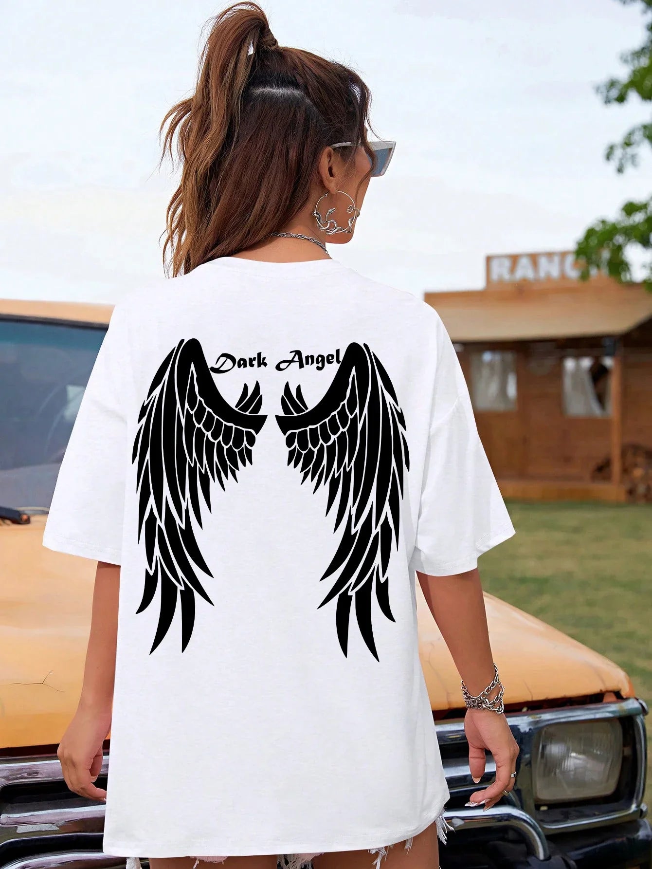 Camisetas estampadas de asa de anjo preta venda quente para mulheres, roupas largas oversized, camiseta de rua hip hop, algodão, manga curta
