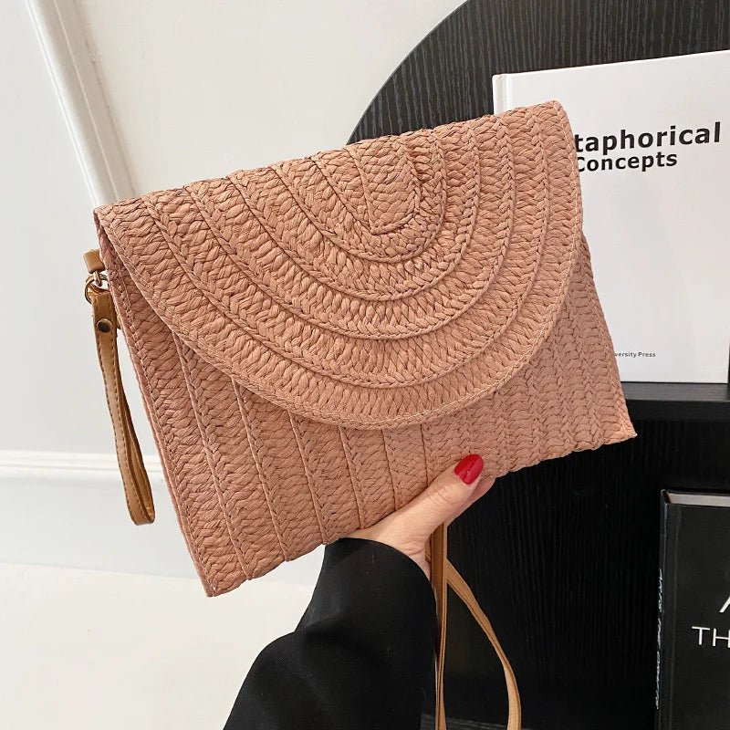 Straw Woven Shoulder Crossbody Bag Beach Clutch Handbag Casual Summer Handmade Envelope Bags for Women Totes Purse
