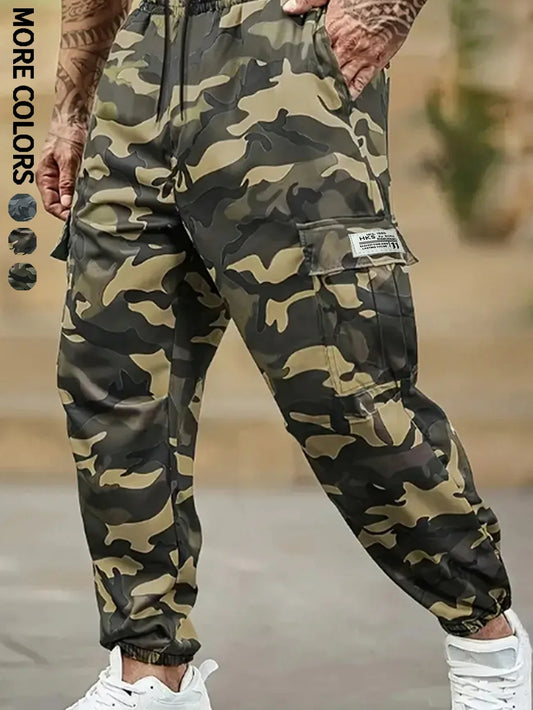 Men's Plain Sports and Casual Trousers with Drawstring Elastic Waist, Camouflage, with Pockets, Suitable for Outdoor Camping, Hiking and Mountaineering, Exercise and Fitness