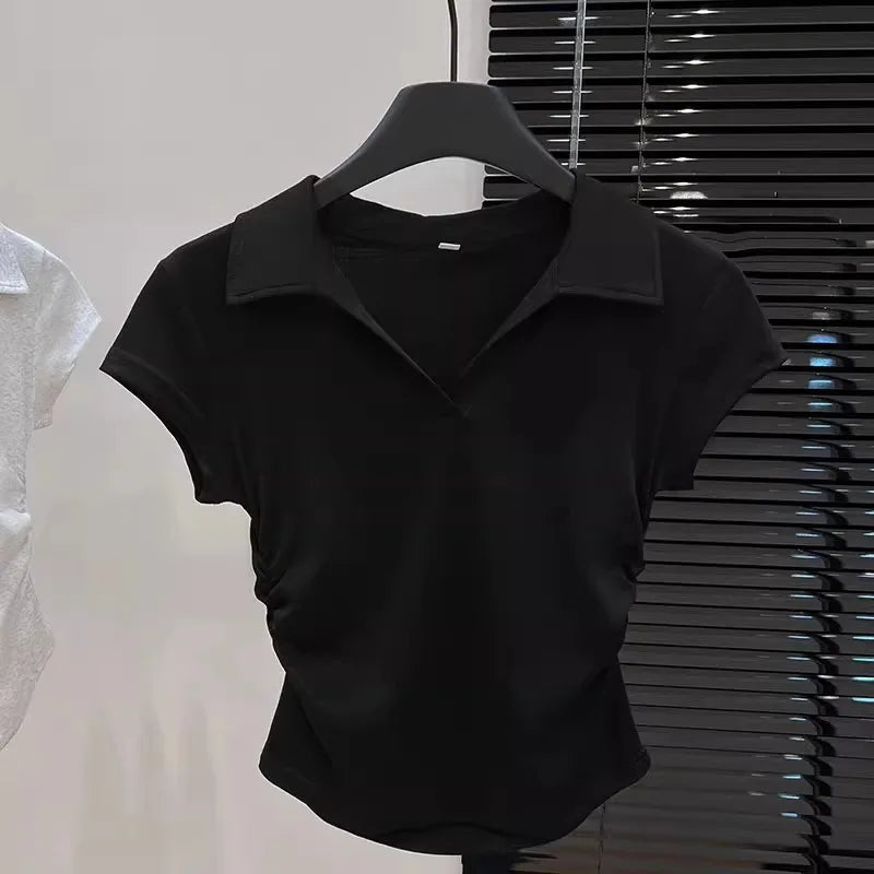 Camiseta Polo Feminina Curta Sexy de Verão em Algodão, Blusa Slim Básica Lisa de Manga Curta para Mulheres