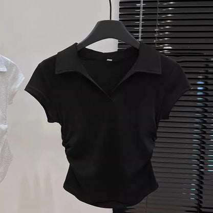 Camiseta Polo Feminina Curta Sexy de Verão em Algodão, Blusa Slim Básica Lisa de Manga Curta para Mulheres