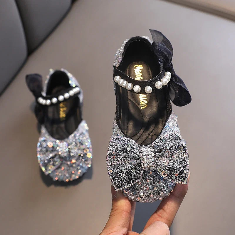 Toddler Girl's Princess Shoes Sequins Lace Bowknot 21-36 Children Mary Janes Three Colors Luxury Trendy Party Kids Shoes Flats