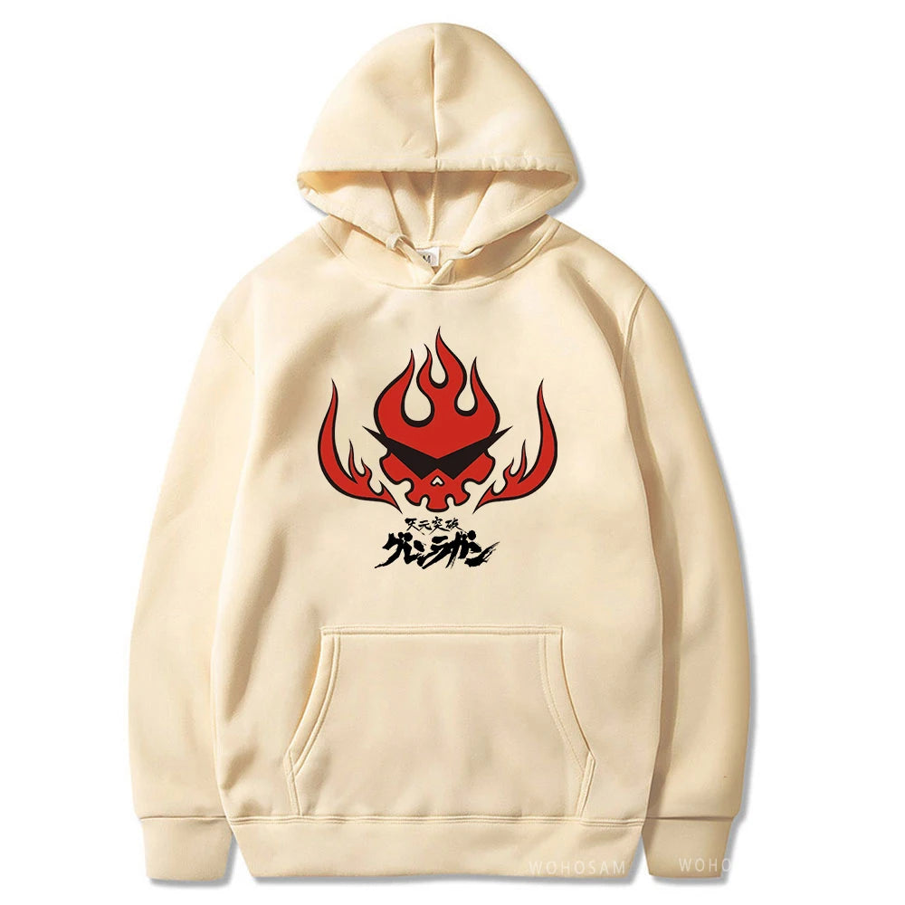 Anime Tengen Toppa Gurren Lagann Letter Hoodies Harajuku Flaming Skull Red Graphic Autumn Winter Warm Patchwork Sweatshirts