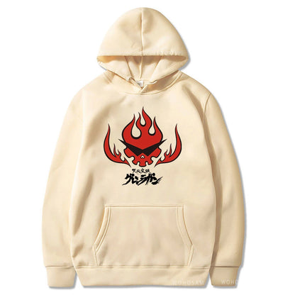 Anime Tengen Toppa Gurren Lagann Letter Hoodies Harajuku Flaming Skull Red Graphic Autumn Winter Warm Patchwork Sweatshirts