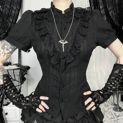 Cotton Shirts Women Vintage Gothic Black White Jacquard Short Sleeve Blouses Elegant Office Lady Y2k Tops