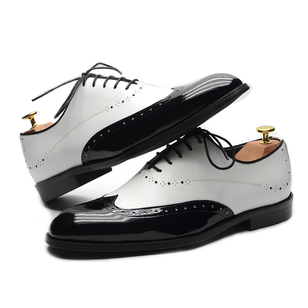 Formal Oxfords Shoes for Men White Black Real Cow Patent Leather Business Lace-up Wingtip Toe Brogue Wedding Mens Dress Shoes