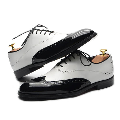 Formal Oxfords Shoes for Men White Black Real Cow Patent Leather Business Lace-up Wingtip Toe Brogue Wedding Mens Dress Shoes