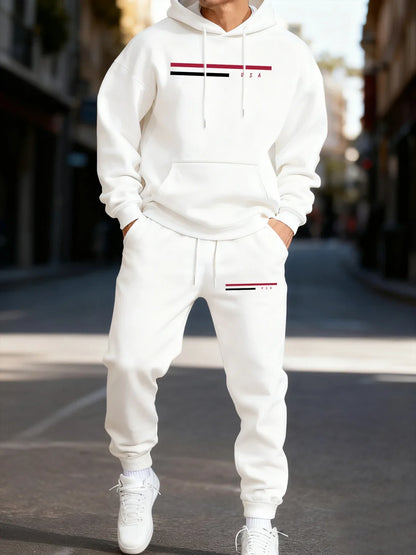Usa Simple Line Printed Man'S Hoodie Set Fashion Pocket Two Pices Sets Fleece Autumn Clothing Casual Winter Sporty Streetwear