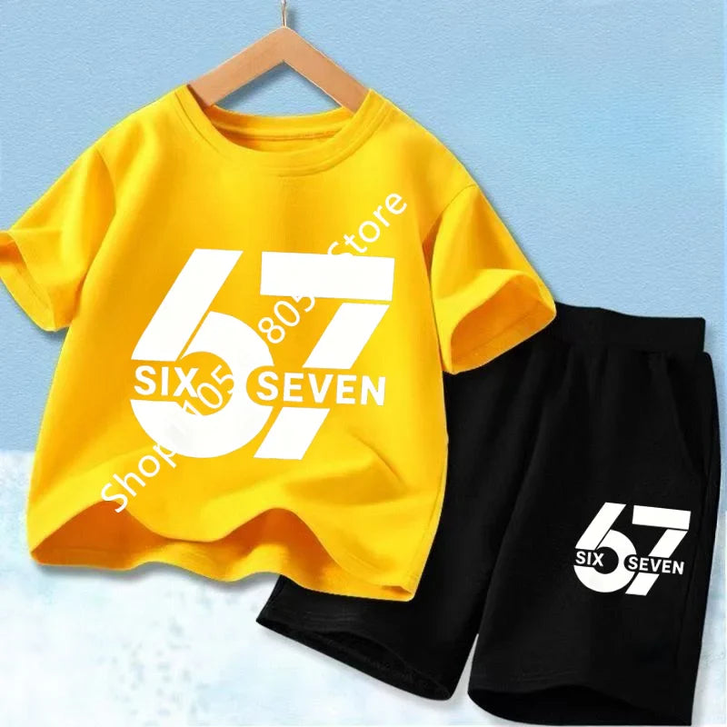 New 67 Number Six Seven Print Kids Cool Summer T-shirt 3-12Yrs Clothes Cartoon Short-sleeved+Shorts Boys Girls Sports Casual Set