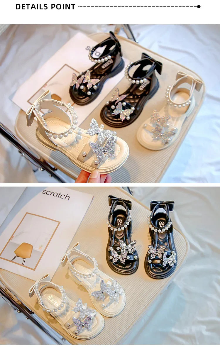 Kids Roman Sandals 2024 New Girls'  Princess Shoes with Butterfly Girl Fashion Sweet Pearl Beach Shoes with Back Knot Anti Slip
