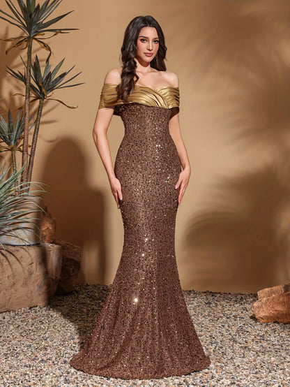 Pleated neckline sequined hip-length dress, elegant and chic dress