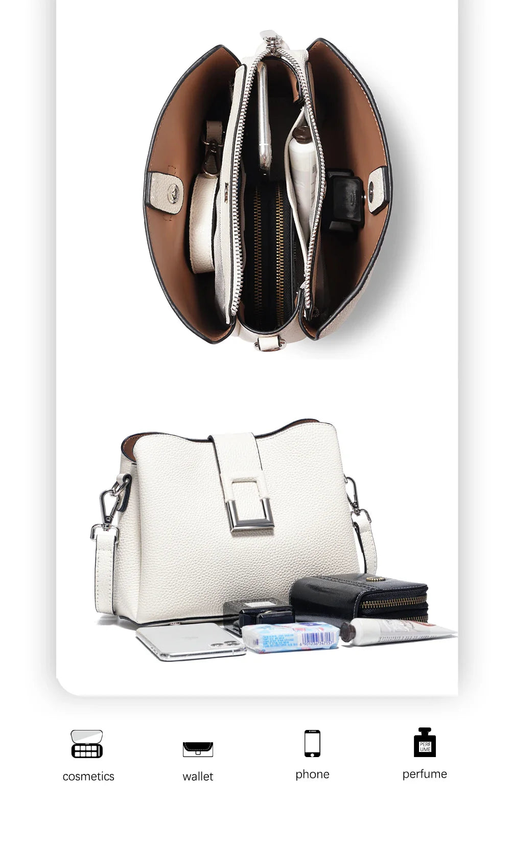Genuine Leather White Designer Noble Shopper Shoulder Bag Commuter Large Bucket Handbag Women Tote Bucket Cross Body Bag