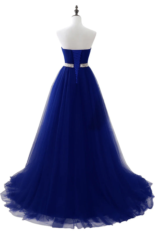 Royal Blue Tulle Evening Dresses Lace Up Crystal Sequin Formal Party For Bride Sexy Sleeveless Prom Gown White Burgundy Vestidos