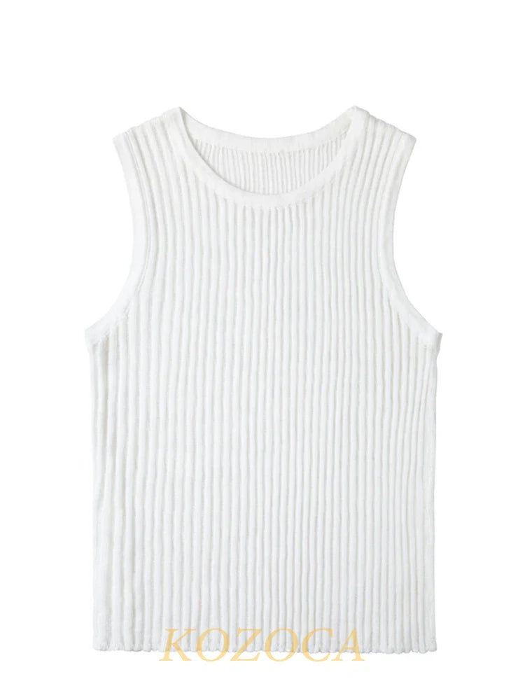 100% Wool Chic Solid Tanks Elegant Striped See Through Hollow Out Women Tops Sleeveless Elastic Tops Club Party Clothes
