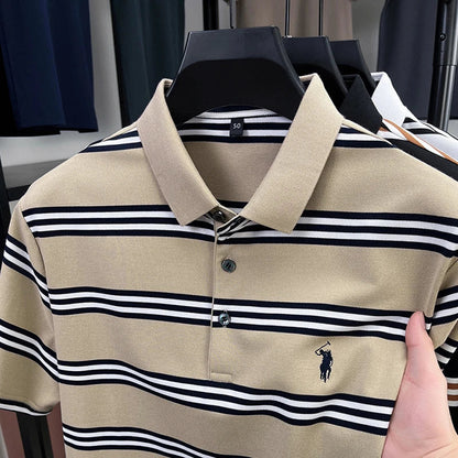 Men's Short Sleeve Embroidered Striped Polo Shirt Summer High End Brand Fashion Business Breathable Lapel T-shirt Men's Clothing