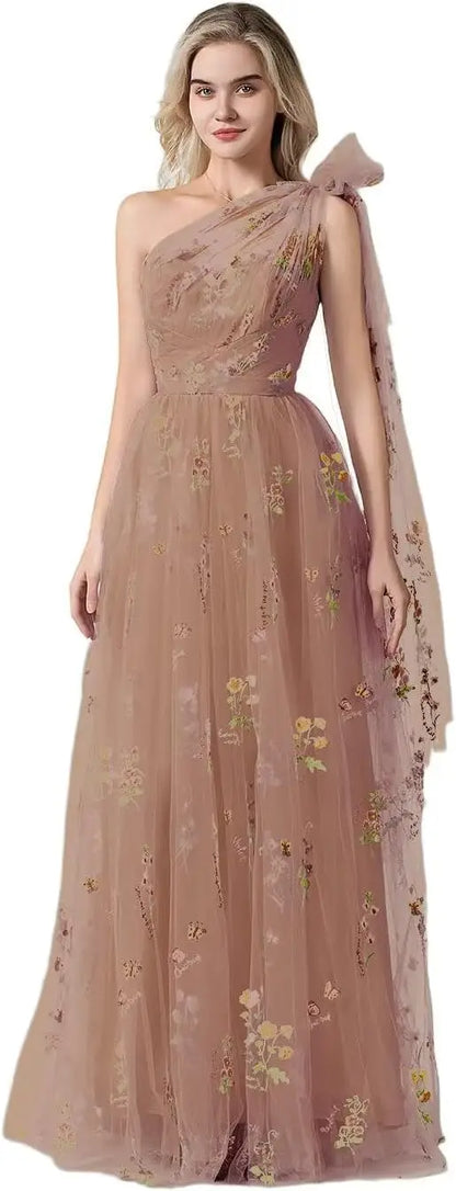 Vestido Longo de Formatura Feminino Elegante de Um Ombro Só com Bordado Floral em Tule, Modelo Godê para Festas de Gala