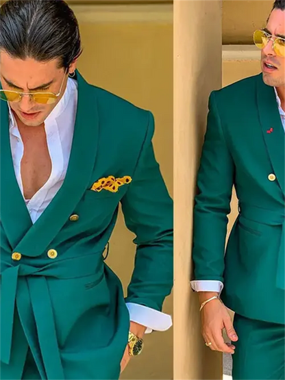 2 Peças Ternos Verdes Masculinos Slim Fit Abotoamento Duplo Lapela Xale Conjunto de Smoking Formal para Casamento Traje Americana Hombre