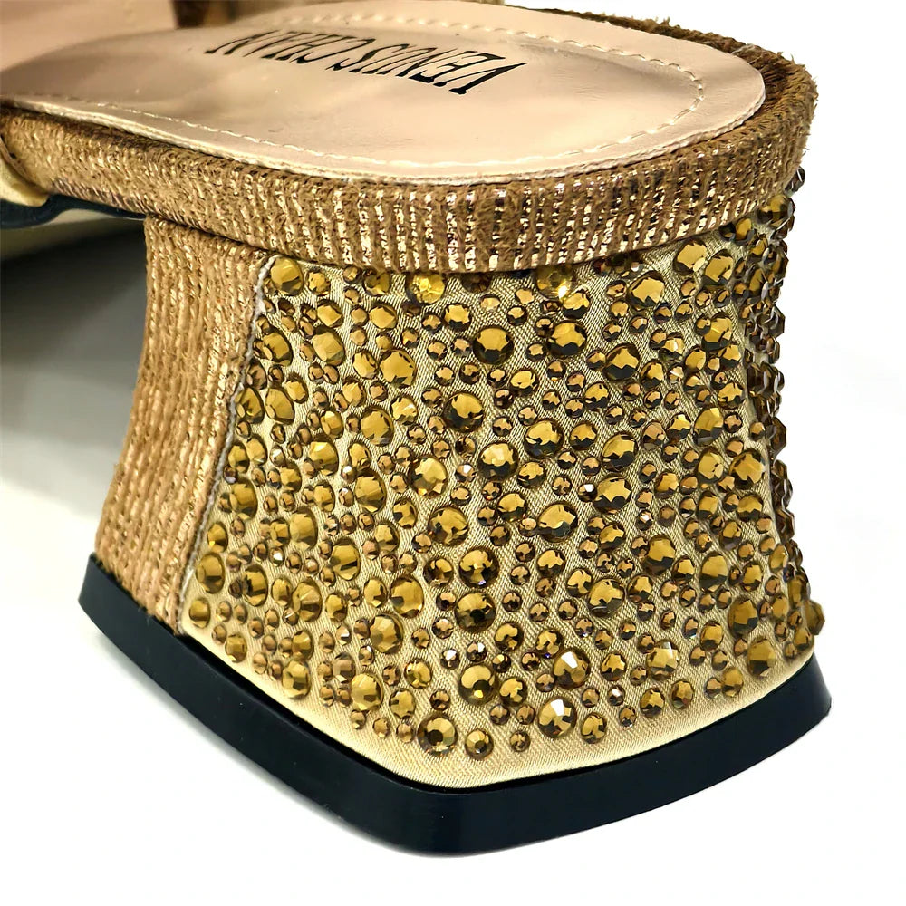 Elegant Gold Peep-Toe Heels with Diamond Accents - Italian Matching Pumps and Bag Set for Parties