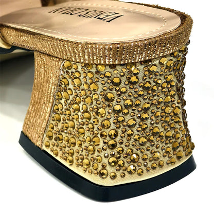 Elegant Gold Peep-Toe Heels with Diamond Accents - Italian Matching Pumps and Bag Set for Parties