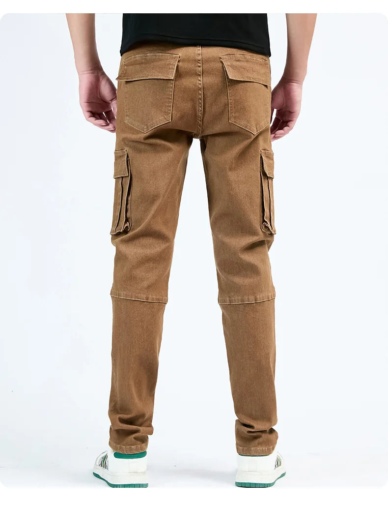 Men's Jeans Street Style Waist Denim Cargo Pants Solid Color Washed Slim Fit Casual Jeans with Multiple Pockets for Daily Wear