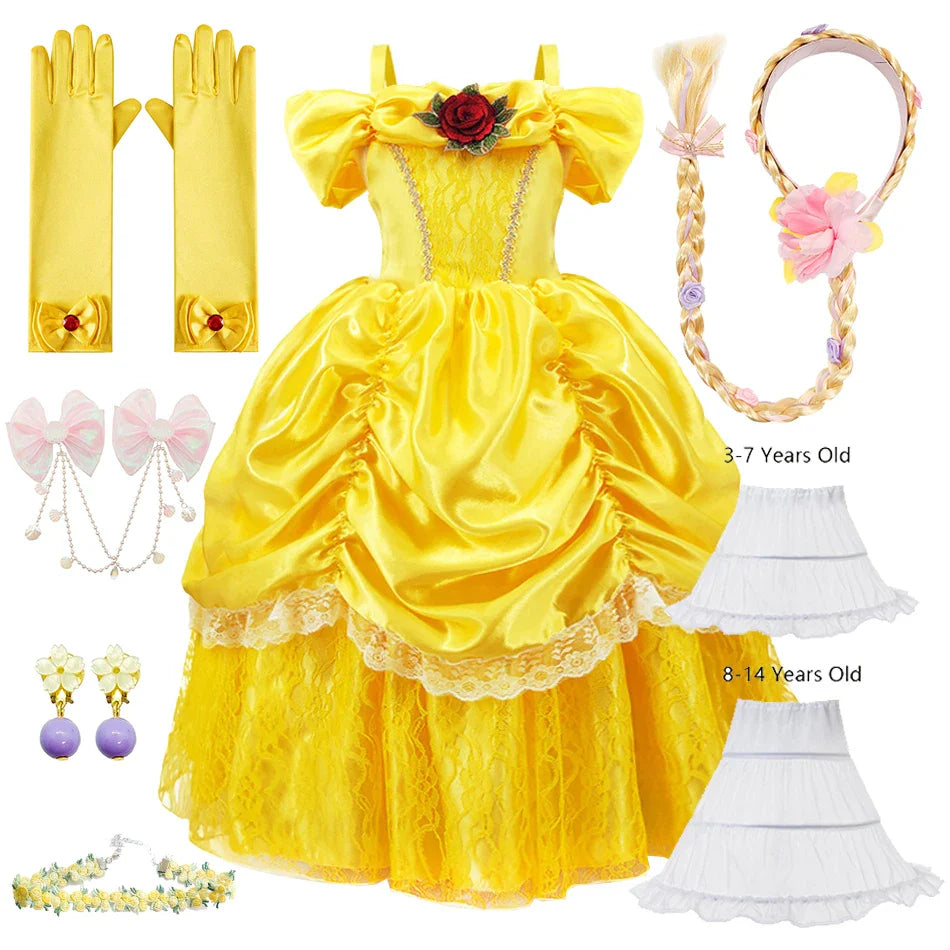 Girls Belle Cosplay Princess Dress Children Beauty Beast Clothes Birthday Carnival Christmas Party Costume Kids Ball Gown 2-11T