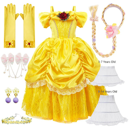 Girls Belle Cosplay Princess Dress Children Beauty Beast Clothes Birthday Carnival Christmas Party Costume Kids Ball Gown 2-11T