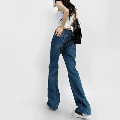 High‑Waist Straight‑Leg Distressed Jeans