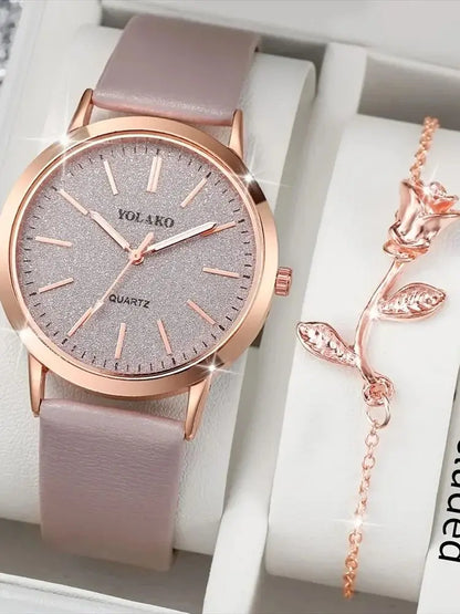2PCS/Set Women's Watch Shiny Fashion PU Leather Analog Quartz Watches Rose Flower Bracelet