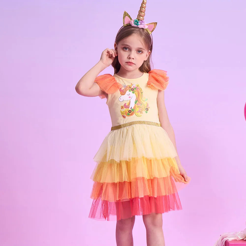 Kids Summer Vestidos Girls Flare Sleeve Mesh Tulle Layered Princess Birthday Party Tutu Dresses Girls Unicorn Print Dress