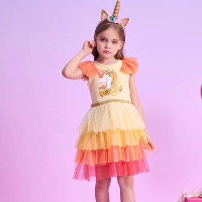 Kids Summer Vestidos Girls Flare Sleeve Mesh Tulle Layered Princess Birthday Party Tutu Dresses Girls Unicorn Print Dress