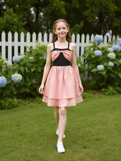 Girls' fashionable and elegant camisole dress for summer, girls' outdoor casual contrasting butterfly bow curved skirt dress