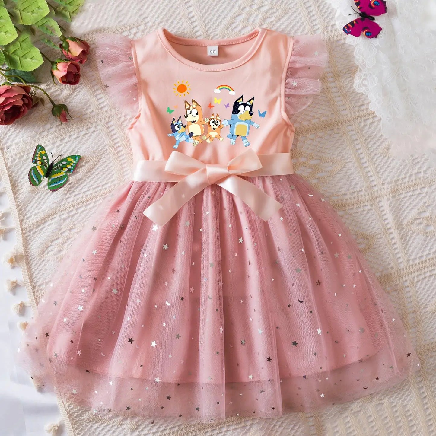 Girls Sequin Tutu Dress with Bow Flutter Sleeves Summer Princess Party Outfit for Toddler Kids 2-6 Years