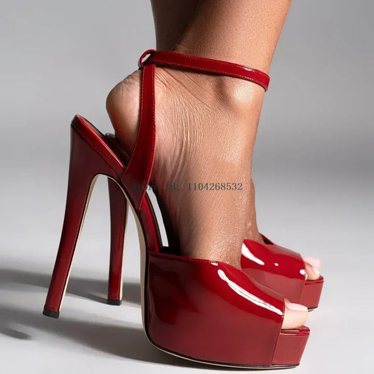 Red Patent Leather Platform High Heels  Stiletto Ankle Buckle Strap Solid New Arrivals Fashion Slingback Buckle Strap Shoes