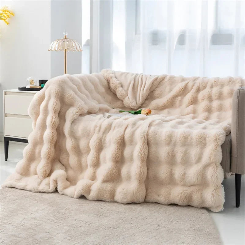 Cozy Rabbit Hair Bubble Velvet Blanket for Napping Soft Fuzzy Plush Bed Cover Sofa Throw Blanket All Season Warmth