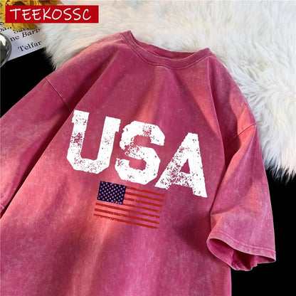 Usa Letter American Flag Printed Washed T-Shirt Men Summer Cotton T Shirts O-Neck Loose Clothes Colour Unisex Short Sleeve
