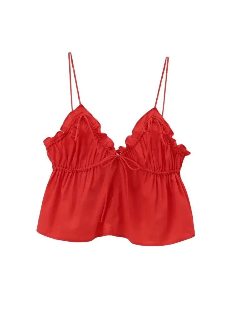 Women's Sexy Fashion Bow Tied Ruffled V-Neck Tank Top Thin Straps Backless Camisole Female Mujer