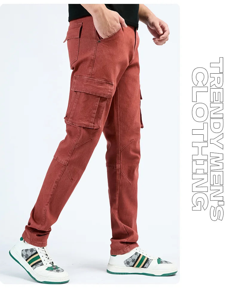 Men's Jeans Street Style Waist Denim Cargo Pants Solid Color Washed Slim Fit Casual Jeans with Multiple Pockets for Daily Wear