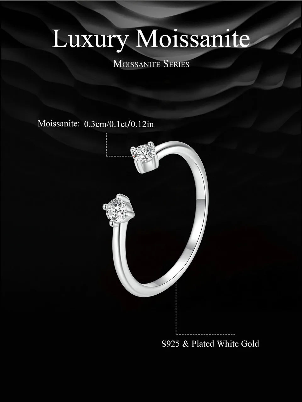 Moissanite White Gold Plated Adjustable Ring 925 Sterling Silver Exquisite Open Ring for Women Fine Jewelry Gift