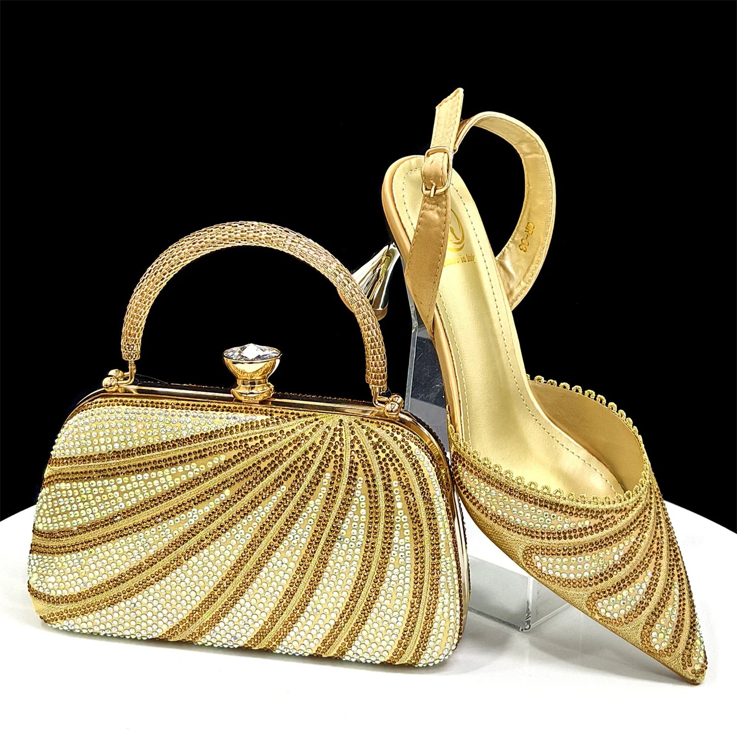 New Green Colour Pointed-Toe Diamond-Studded Party Women's High Heels Gorgeous Parties Shoes and Bag to Match